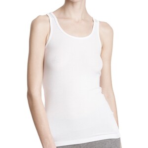 May include: A white ribbed tank top with a scoop neck and thin straps.