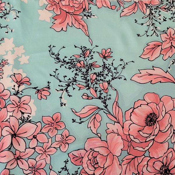 100% Silk Charmeuse Fabric by the Yard Pink Flower Print on Black #22822 -36