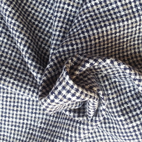 3/4 YD Gingham Linen Blend Fabric Yarn Dye Navy Taupe White