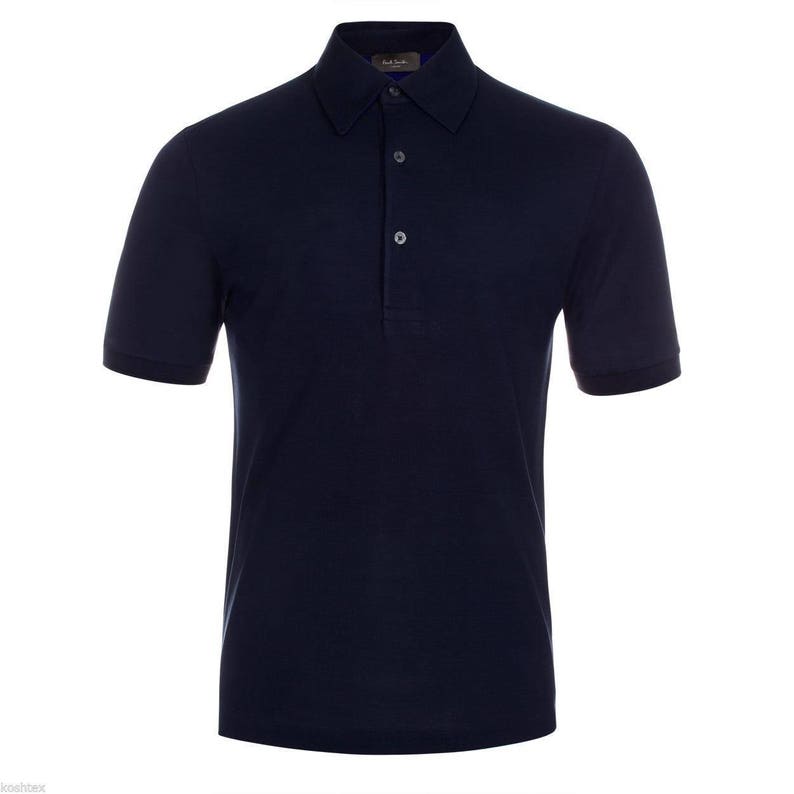 May include: A navy blue polo shirt with short sleeves. The shirt has a collared neckline and a three-button placket. The fabric appears to be a soft knit material. The shirt is a solid color with no visible patterns or graphics.