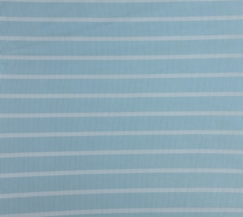 May include: A light blue fabric with white stripes. The fabric has a subtle texture.