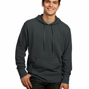 May include: A dark gray hooded sweatshirt with a kangaroo pocket. The sweatshirt has a drawstring hood and long sleeves.