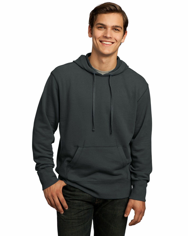 May include: A dark gray hooded sweatshirt with a kangaroo pocket. The sweatshirt has a drawstring hood and long sleeves.
