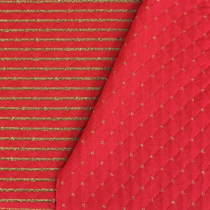 May include: Two pieces of red fabric with gold accents. One piece features horizontal gold stripes, while the other has a quilted diamond pattern with gold dots. The fabric appears to be a decorative textile.