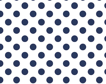 May include: White fabric with a repeating pattern of navy blue polka dots.