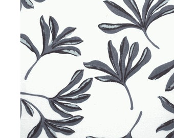 100% Woven Linen Fabric by the Yard White with Gray Flowers Leaves Print