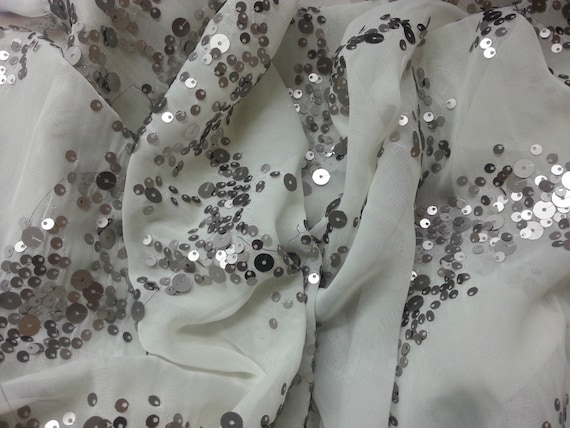 Off White Chiffon Silver Sequins Fabric By the Yard (Bridal Wedding Decor Elagant)