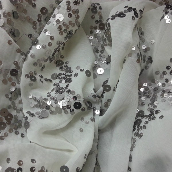White Sequin & Beads On Silk Chiffon JEC-122-3 Fabric main image 1
