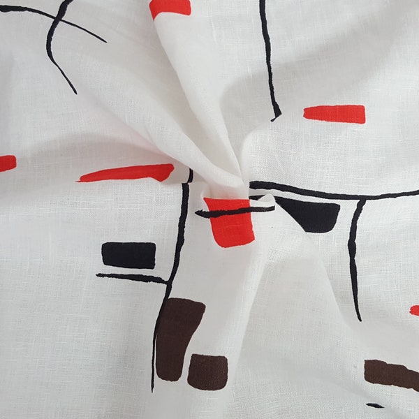 100% Linen Fabric By the Yard Black Brown Red Abstract Print on White