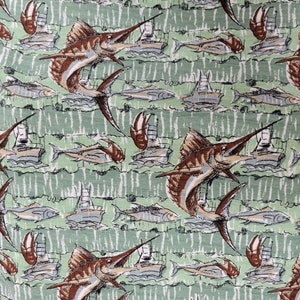 May include: A repeating pattern featuring brown marlin fish, gray boats, and other fish on a light green background. The design has a textured appearance, with vertical lines creating a subtle wave effect.