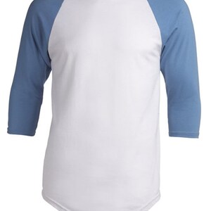 May include: A white baseball tee with blue sleeves. The shirt has a classic baseball design with a rounded neckline and three-quarter sleeves.