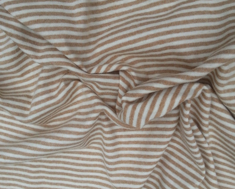 Organic Cotton Fabric 1x1 Rib Knit TAN Small Stripes by the Etsy