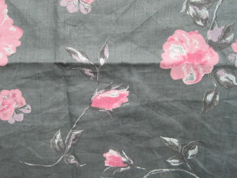 100 Linen Fabric by the Yard Gray With Pink Flowers Print Etsy