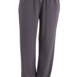 May include: Gray, loose-fitting pants with a drawstring waist and side pockets.