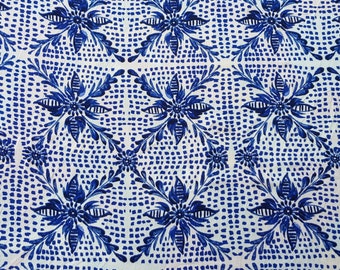 Rayon Crinkle Fabric by the Yard Blue Flower Print on White