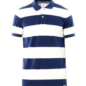 May include: A short-sleeved polo shirt with horizontal navy blue and white stripes. The shirt has a classic collar, a three-button placket, and a small logo near the hem. The shirt is made of a soft, breathable fabric.