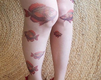 Colored Fish Semi-Sheer Pantyhose, Sea Printed Tights, Printed Pantyhose