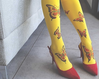 Printed Opaque Knee Socks with Butterflies, Opaque Socks, Knee Socks