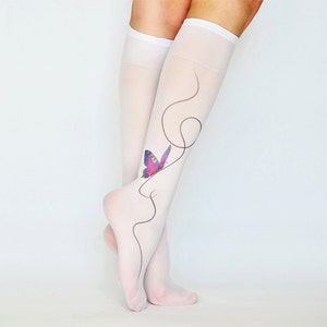 New Butterfly Printed Knee High  Socks , Hand Printed Nylon Socks