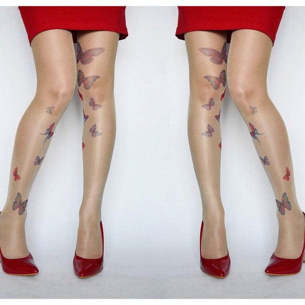 Butterflies Tattoo Tights , Design Tights, Tattoo Stockings , Printed Nude Pantyhose