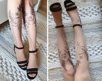 Semi-Sheer Tattoo Pantyhose, Printed Pantyhose with Plants, Botanical, Autumn, Gift, Nature Print