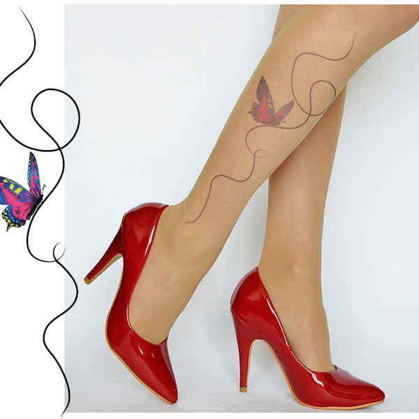 Butterfly Tattoo Tights,Handprinted  Womens Pantyhose,Butterfly Printed Tights