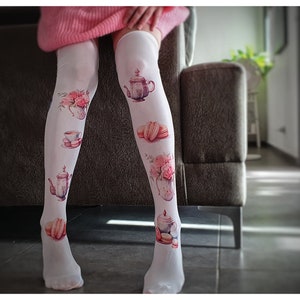 New Lolita Tights, Lolita fashion accessories, Thigh High Over Knee White Socks with Tea Time and Roses print, Teacup Print image 1