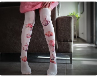 New!! Lolita Tights, Lolita fashion accessories, Thigh High Over Knee White Socks with Tea Time and Roses print, Teacup Print