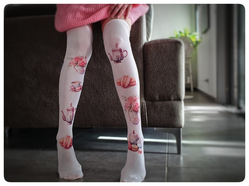 New Lolita Tights, Lolita fashion accessories, Thigh High Over Knee White Socks with Tea Time and Roses print, Teacup Print image 1