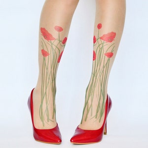 Tattoo Tights With Red Poppies , Printed  Tights With Flowers , Printed Pantyhose