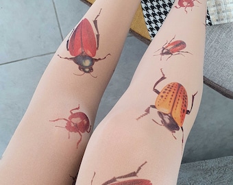 Bugs Opaque Tights, Insect Printed Tights, Beetles Print, Halloween