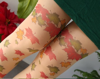 Leaves Tattoo Tights , Printed Tights, Leaf Tattoo Womens Pantyhose, S-XXL Sizes Available