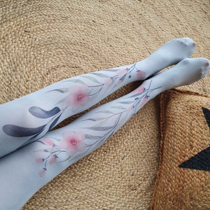 Opaque Tights with Flowers, Printed Tights with Plants, Floral Tights, Botanical Tights