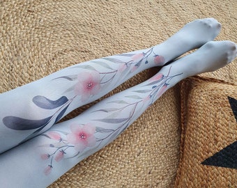 Opaque Tights with Flowers, Printed Tights with Plants, Floral Tights, Botanical Tights