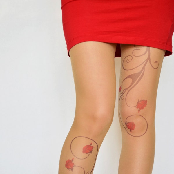 Collants de tatouage à imprimé roses,Collants imprimés faits main,Collants de tatouage pour femmes,Tailles S-XXL disponibles