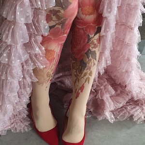 Colorful floral opaque tights, vibrant flower print stockings, unique patterned leggings, spring fashion pantyhose