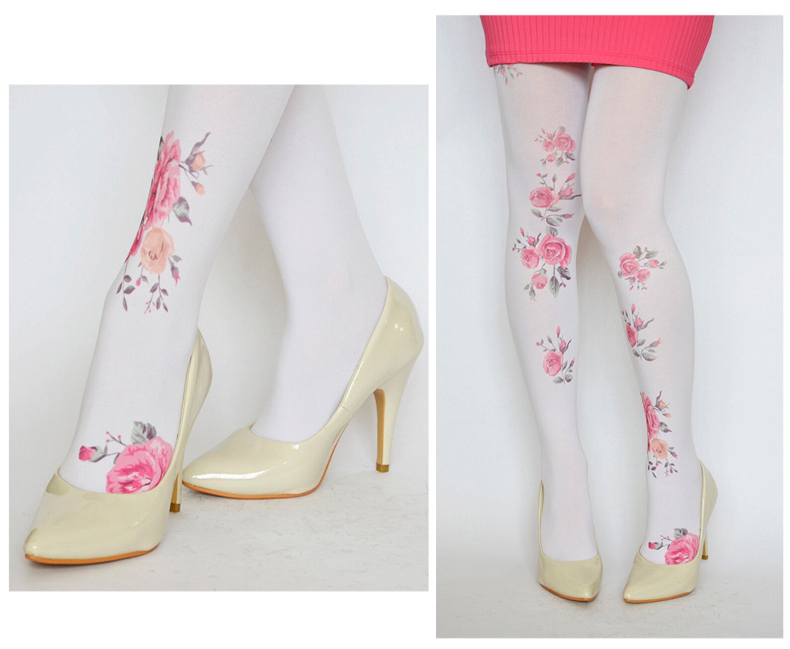 Tights With Vintage Pink Flowers Hand Printed Tights Etsy