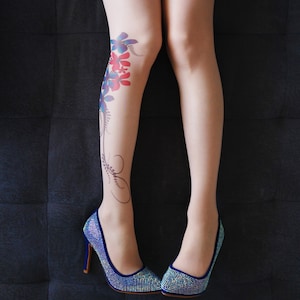 Tattoo Tights with Flowers , Pantyhose, Hand printed  Tights, S-XXL Sizes Available