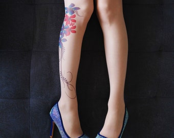 Medias de tatuaje con flores, pantimedias, medias estampadas a mano, tallas disponibles S-XXL
