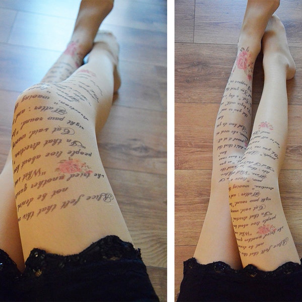 Alice in Wonderland Printed Semi-Sheer Tights, Text tights, Poetry, Poem, Literature