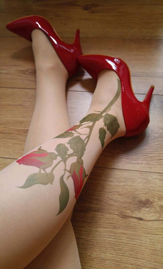 Tattoo Tights With Flowers, Pantyhose, Hand Printed Tights, S-XXL Sizes  Available 