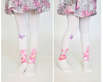 Girls Tights With Flowers and butterfly,children Leggings,Kids Stockings, Hand Printed Tights
