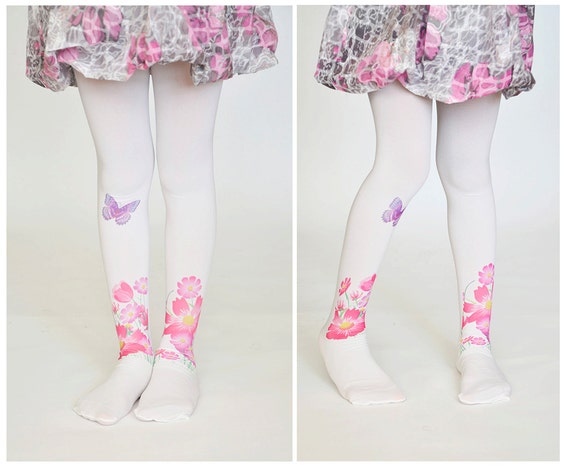 Girls Tights With Flowers and Butterfly,children Leggings,kids Stockings,  Hand Printed Tights -  Canada