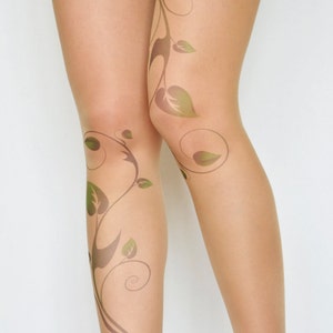 Poison Ivy Tattoo Tights , Green Ivy Leafs Print , Handprinted  Womens Pantyhose , S-XXL Sizes Available , Poison Ivy Printed Tights