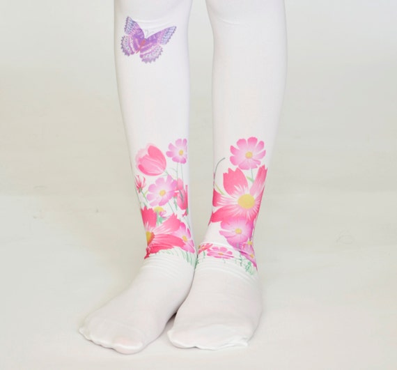 Girls Tights With Flowers and Butterfly , Children Leggings , Kids  Stockings , Hand Printed Tights 