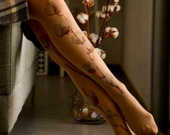 Cotton Plant Print, Opaque Printed Tights, Printed Tights