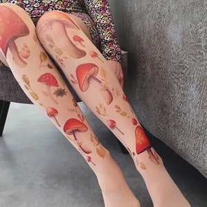 Opaque Red Mushroom Tights, Printed Tights with Mushrooms and Plants