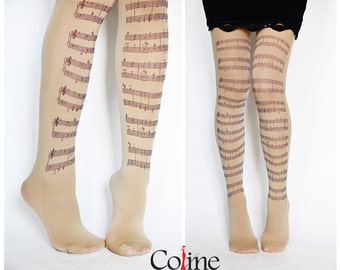 Musical Notes Tights , Music Clef Print Choir/Orchestra Leggings , Opaque Womens Pantyhose , Coline