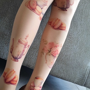 Vintage Tea Time Opaque Tights, Teacup Print, Tea Party Printed Tights, Alice In Wonderland Tights