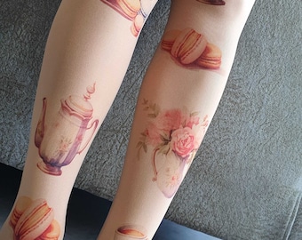 Vintage Tea Time Opaque Tights, Teacup Print, Tea Party Printed Tights, Alice In Wonderland Tights